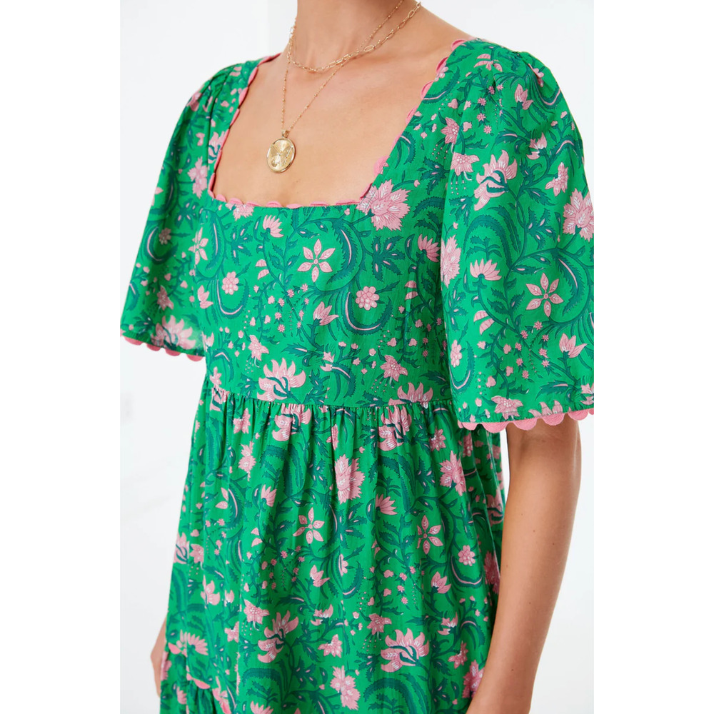 Pink City Prints Tuckernuck Green Forest Rose Maisie Midi Block Print Dress XS - Picture 3 of 11